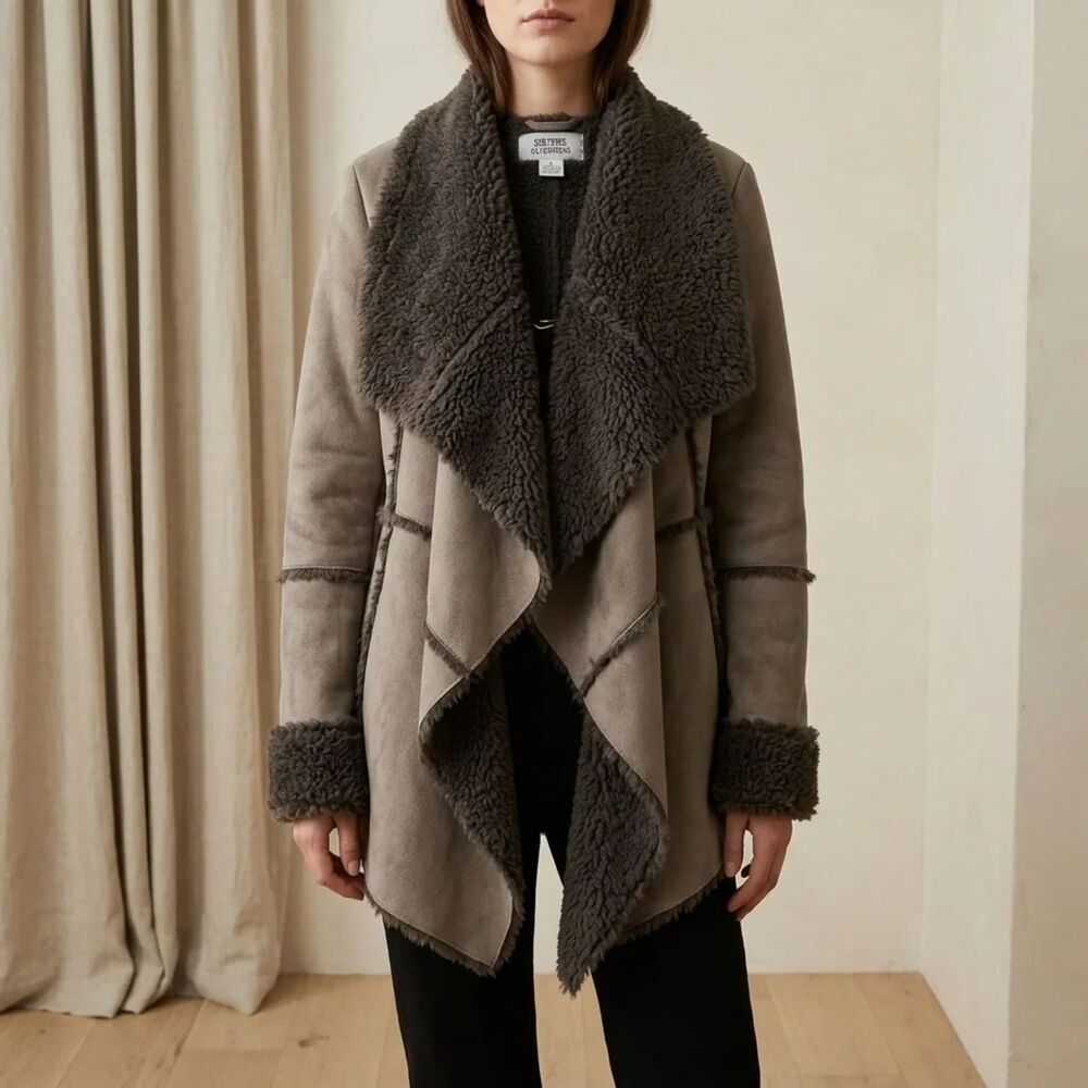 Sisters Outerwear Taupe / mushroom exterior; dark charcoal brown faux | Sz M